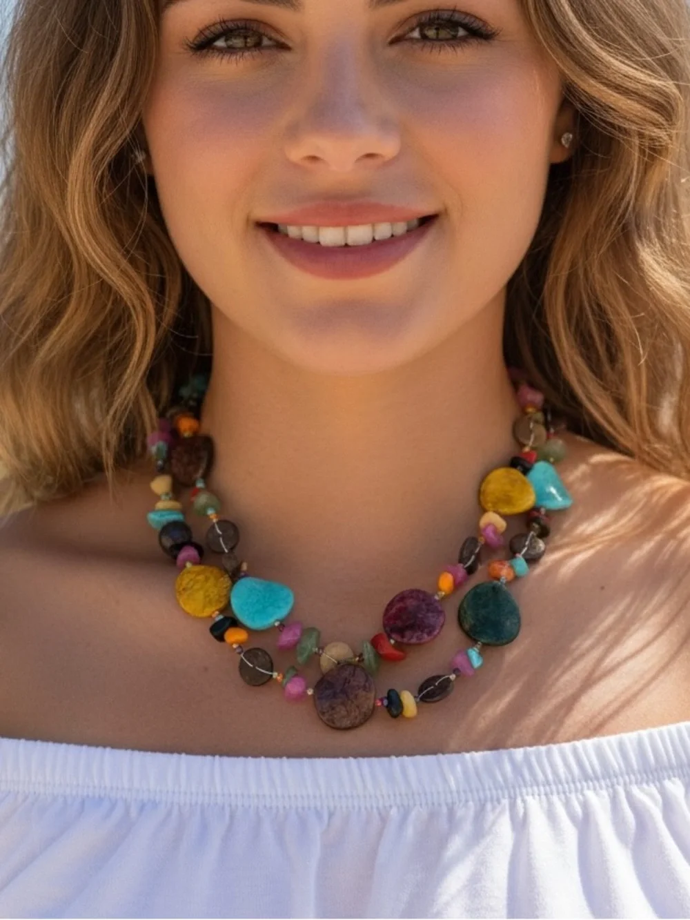 Colorful Chunky Multi-Stone Beaded Necklace - Vibrant Double Strand Adjustable